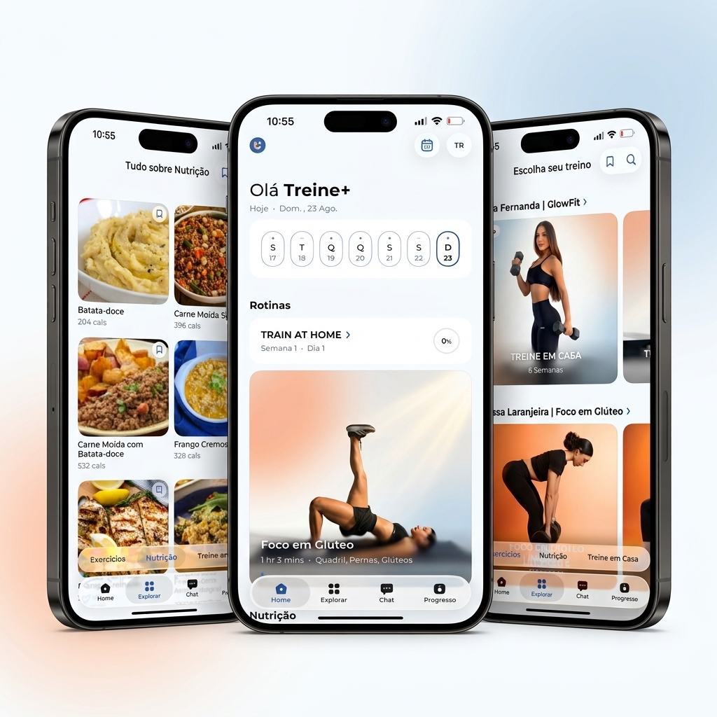 Telas do aplicativo Treine+: nutrição, home e escolha de treino