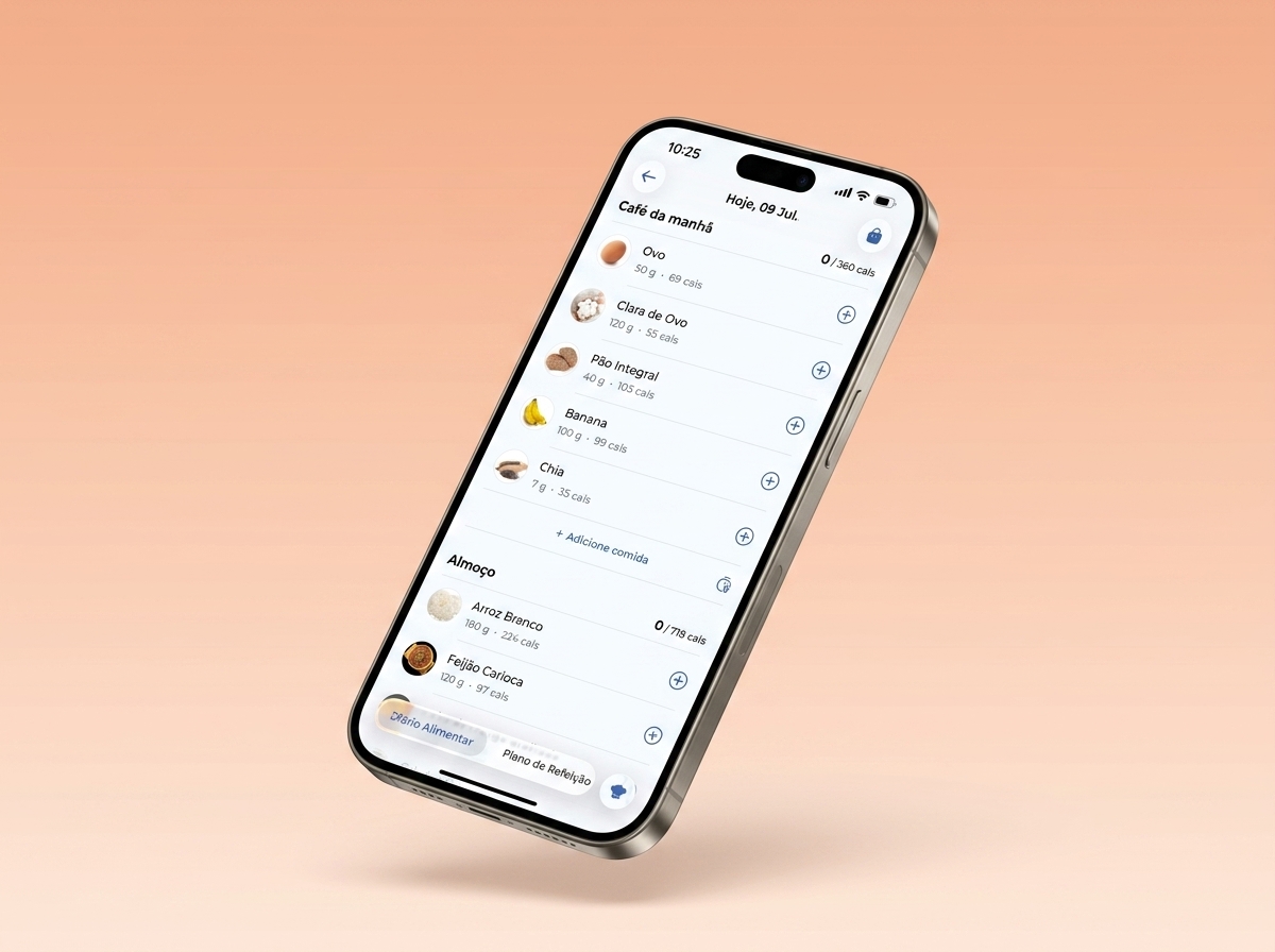 App Treine+ mostrando cardápio e nutrição